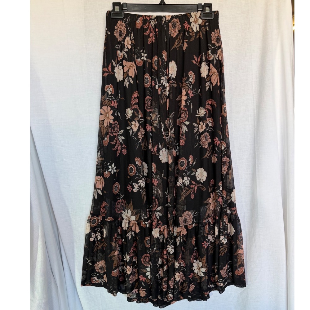 Maurices Maxi Skirt Cottagecore Romantic Black Floral Mesh Tiered Boho Medium